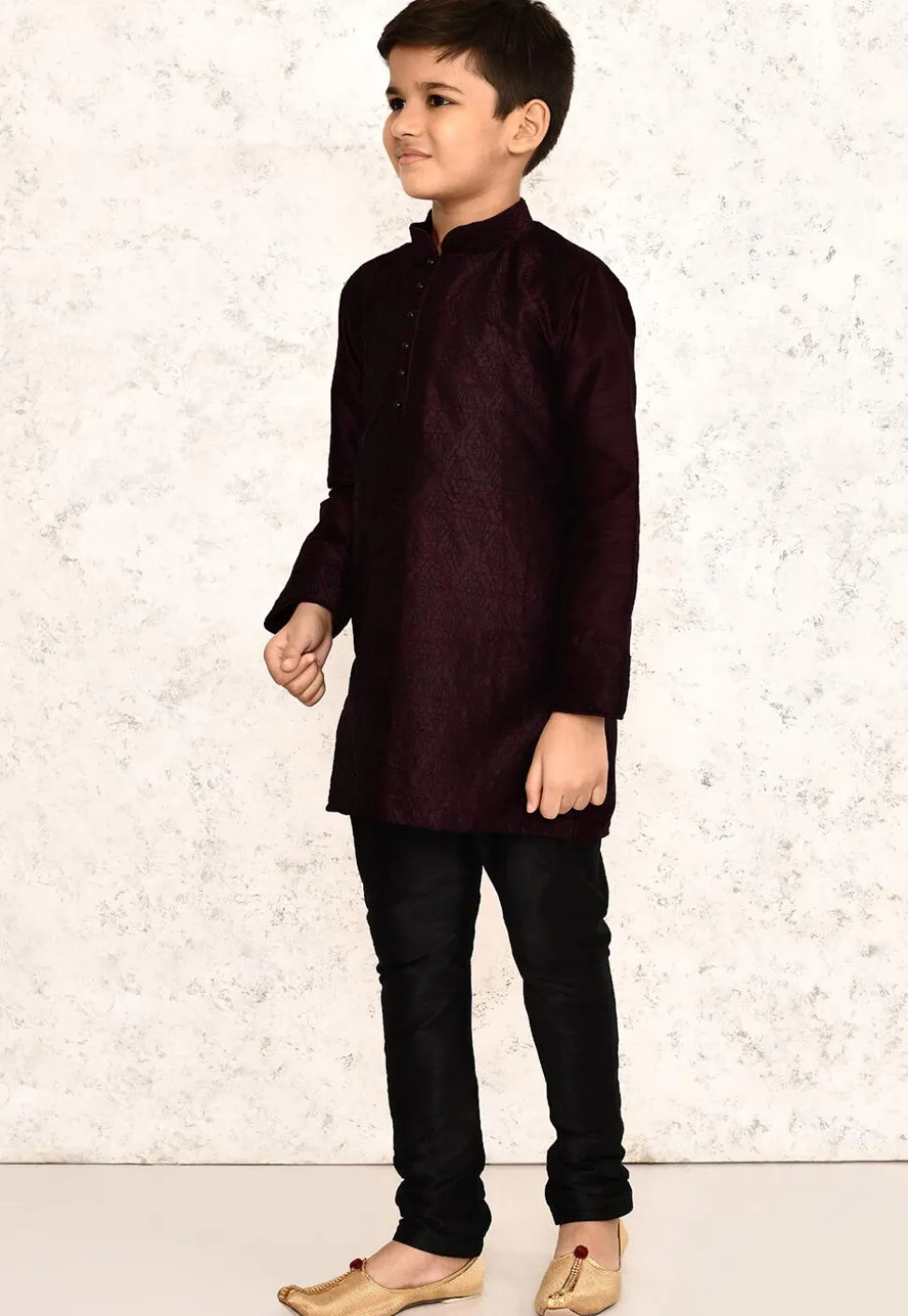 Embroidered Dupion Silk Kurta Set in Wine