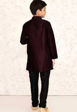 Embroidered Dupion Silk Kurta Set in Wine