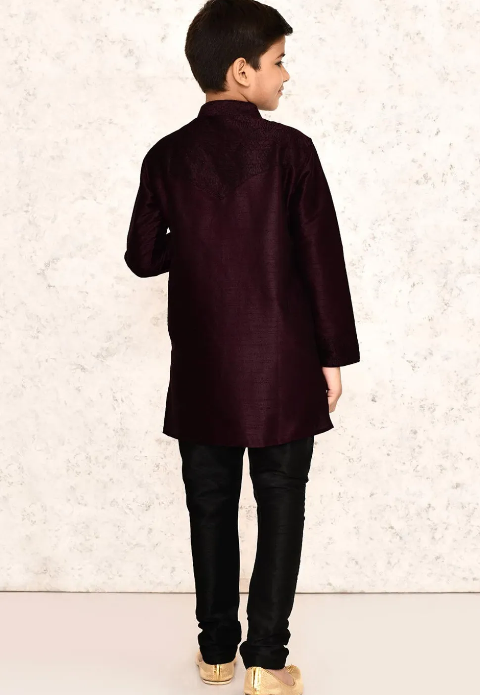 Embroidered Dupion Silk Kurta Set in Wine