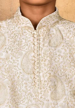 Embroidered Dupion Silk Kurta Set in Cream
