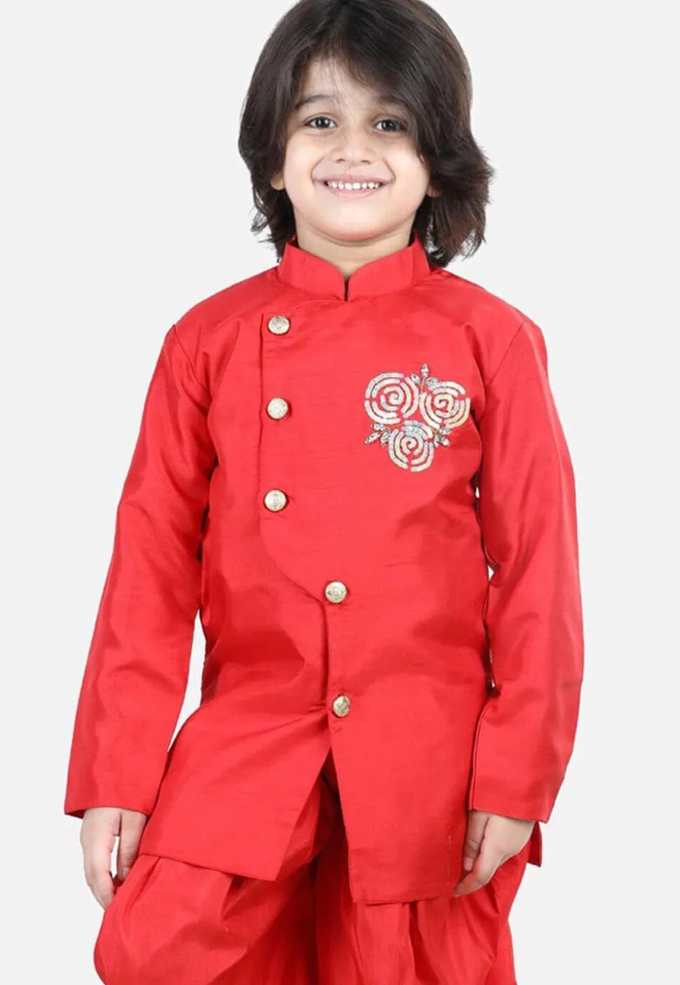 Embroidered Dupion Silk Kurta in Red