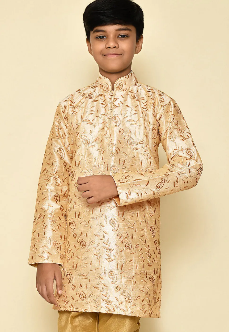 Embroidered Dupion Silk Kurta in Light Beige