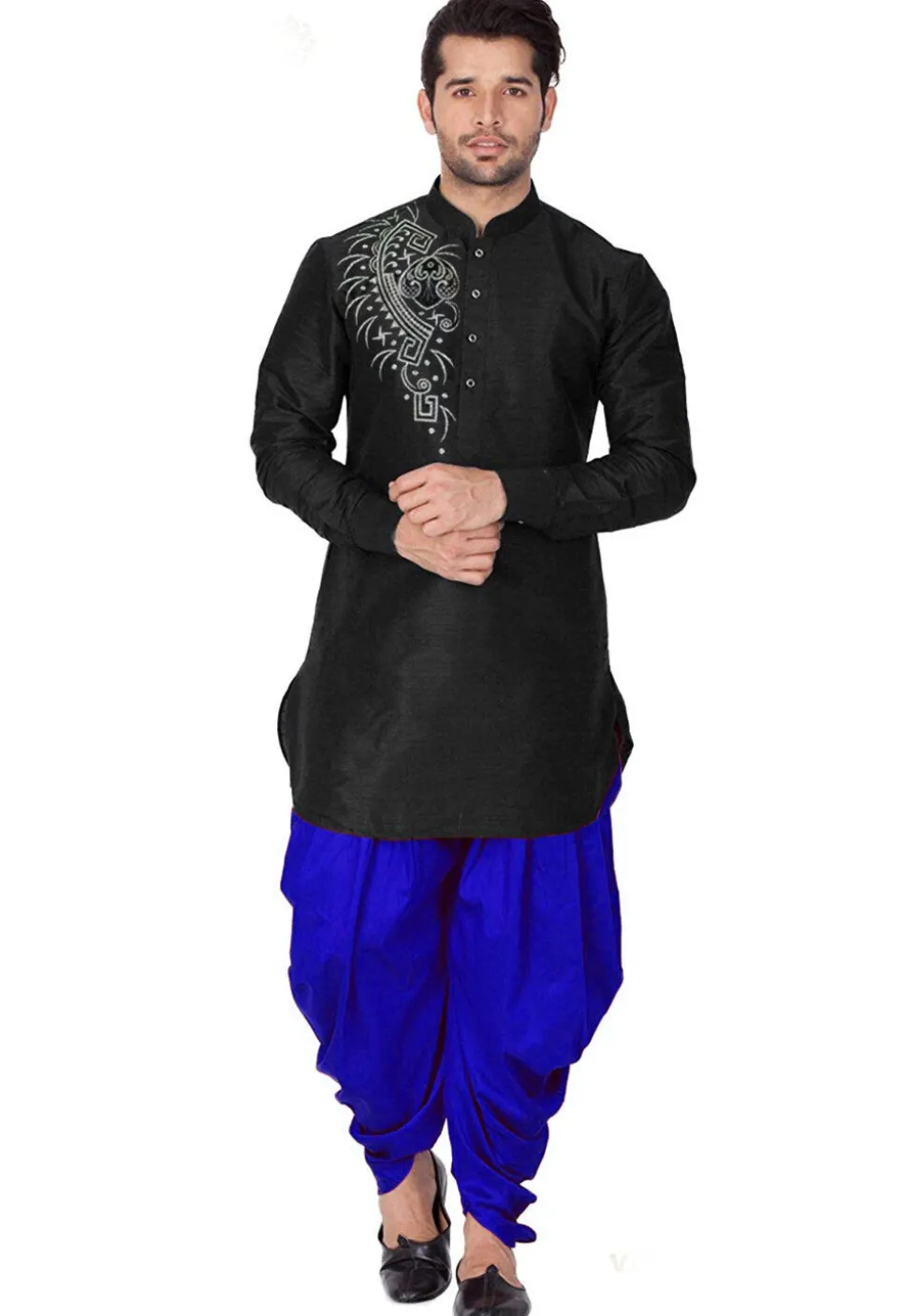 Embroidered Dupion Silk Kurta Set in Black