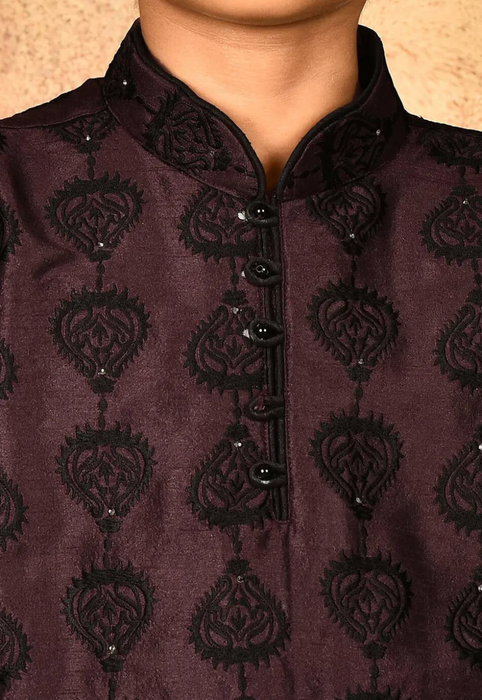 Embroidered Dupion Silk Kurta Set in Wine