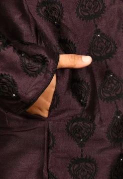 Embroidered Dupion Silk Kurta Set in Wine