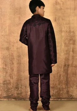 Embroidered Dupion Silk Kurta Set in Wine