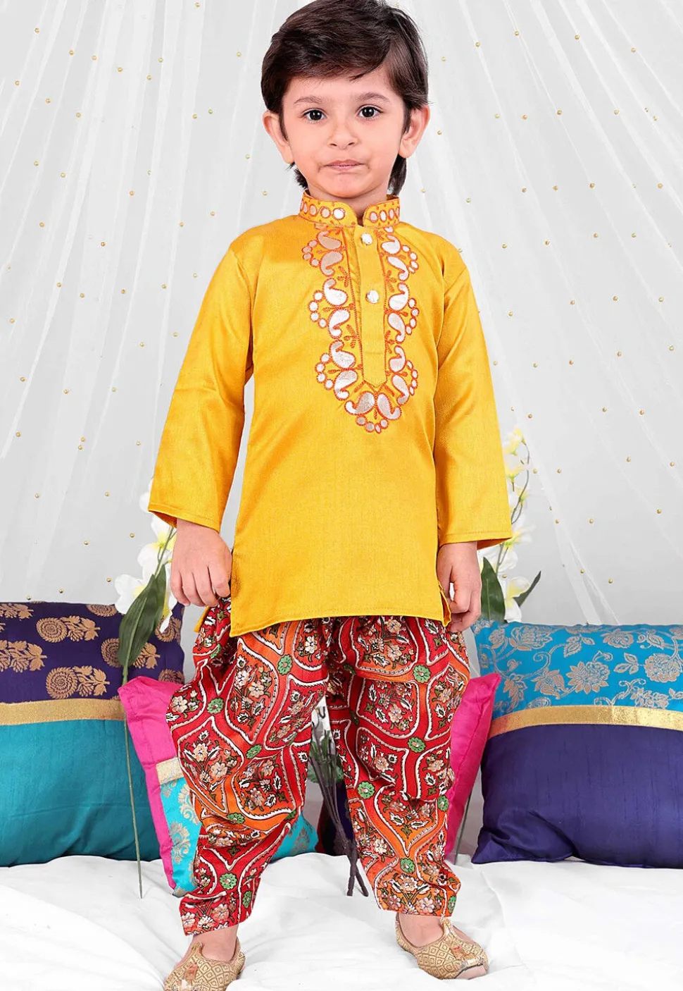 Embroidered Dupion Silk Kurta Set in Yellow