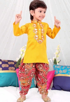 Embroidered Dupion Silk Kurta Set in Yellow