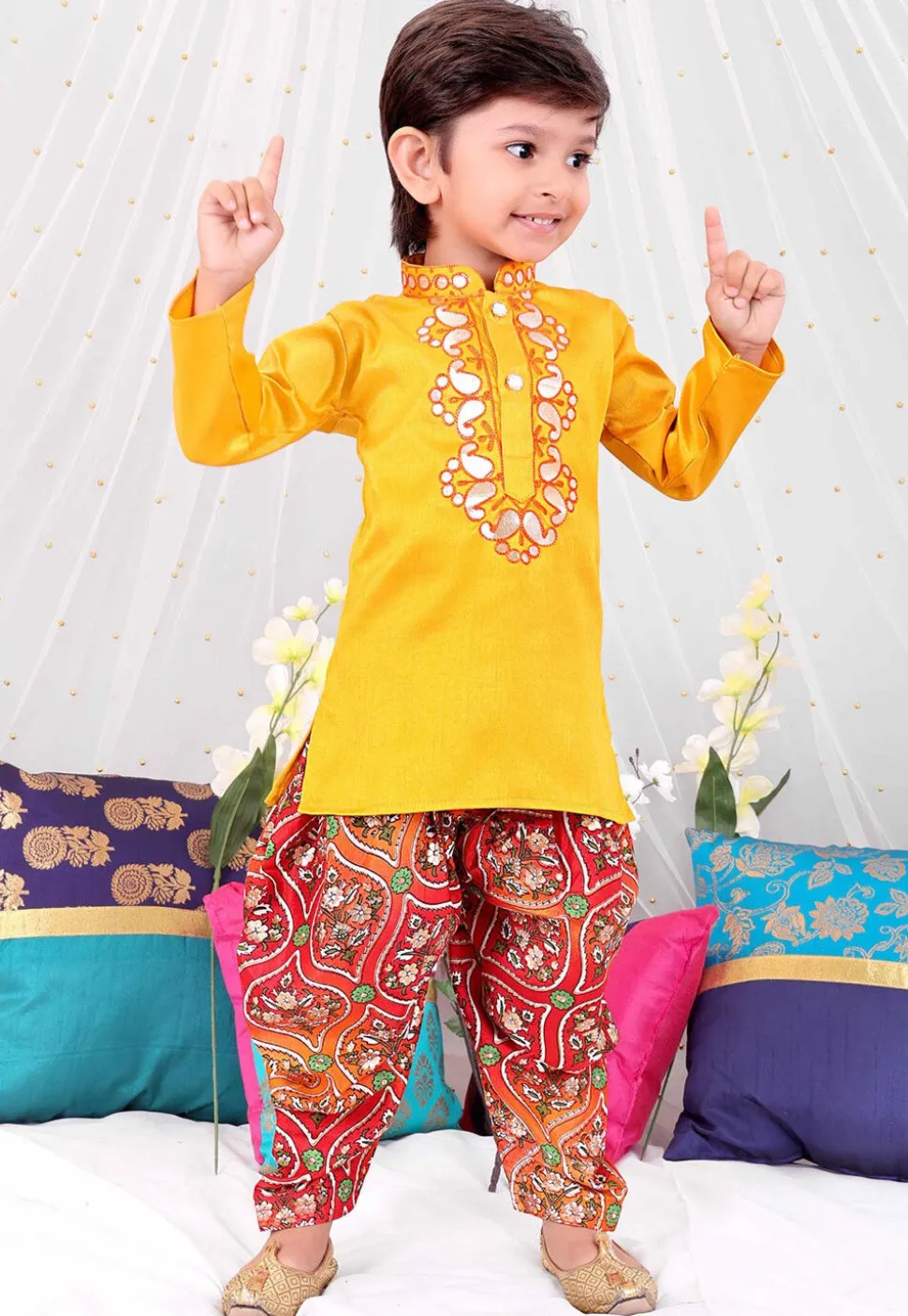 Embroidered Dupion Silk Kurta Set in Yellow