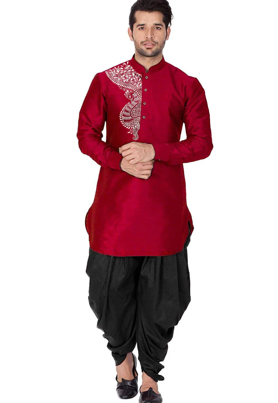 Embroidered Dupion Silk Kurta Set in Maroon