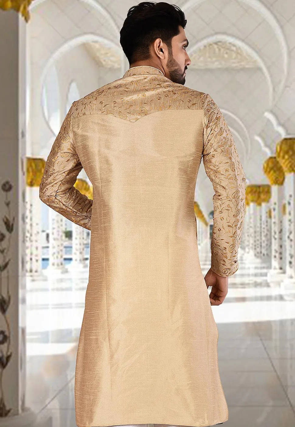 Embroidered Dupion Silk Kurta in Beige