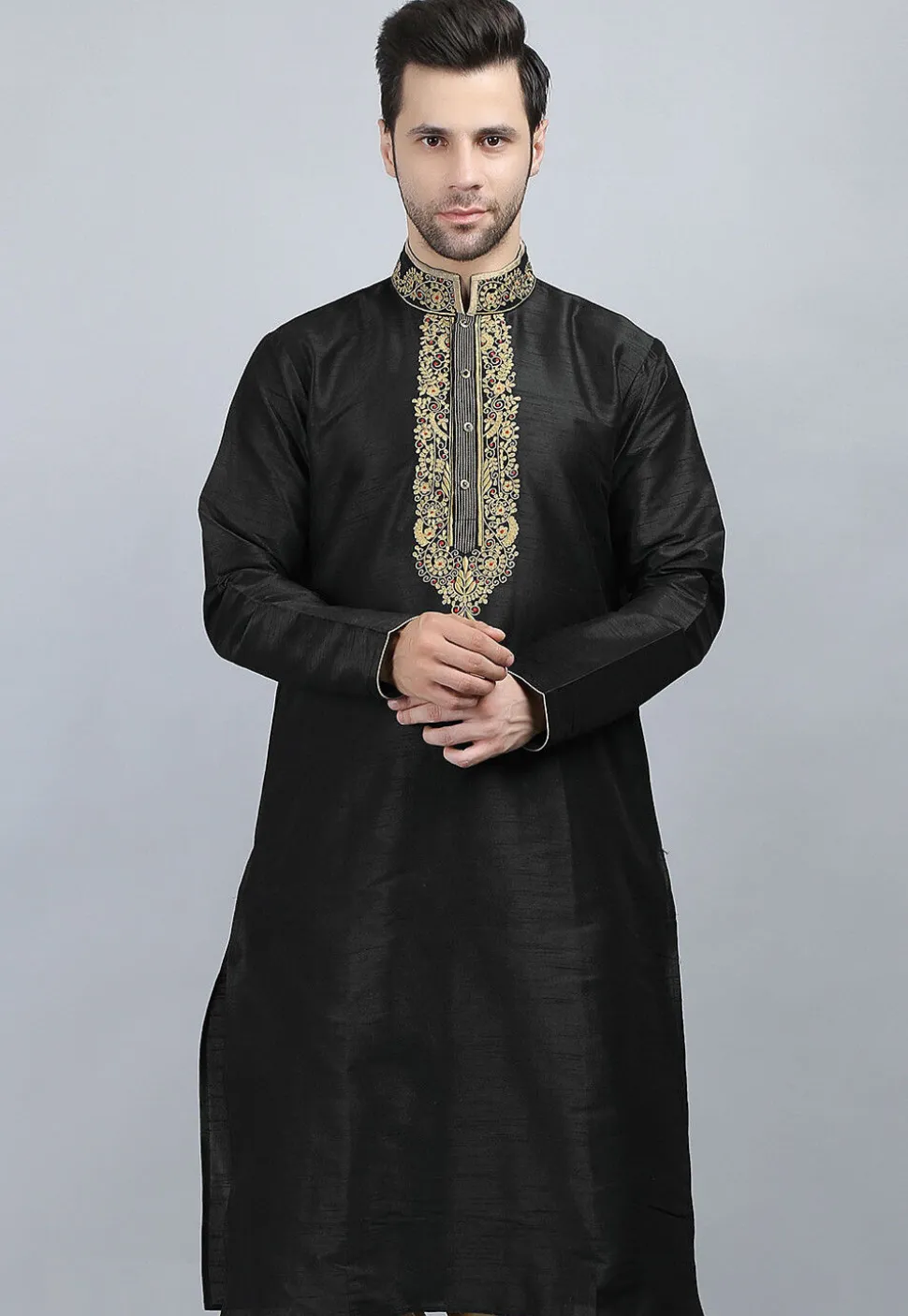 Embroidered Dupion Silk Kurta in Black