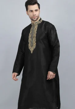 Embroidered Dupion Silk Kurta in Black