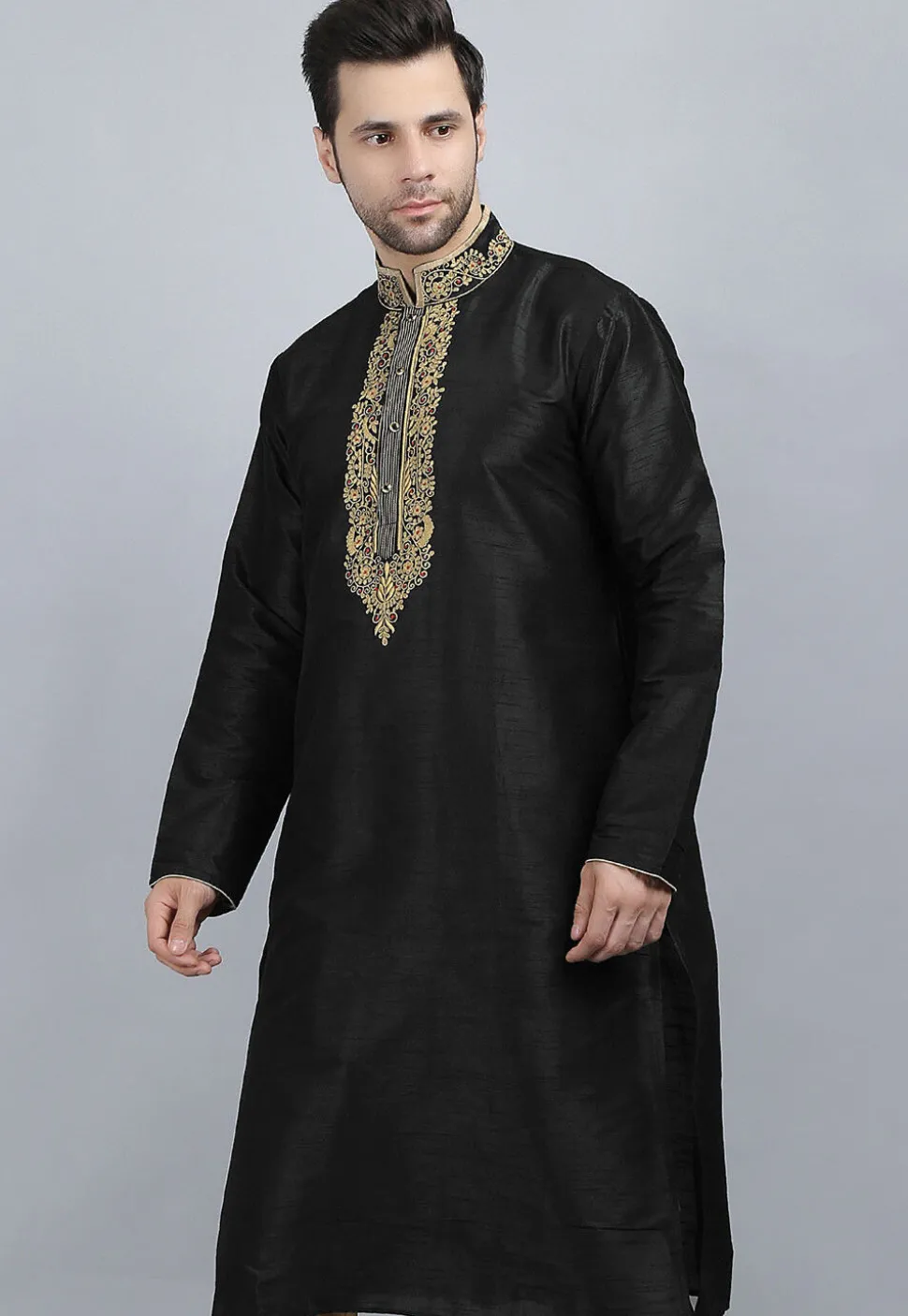 Embroidered Dupion Silk Kurta in Black