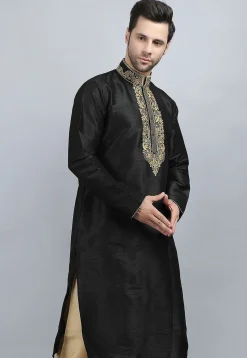 Embroidered Dupion Silk Kurta in Black