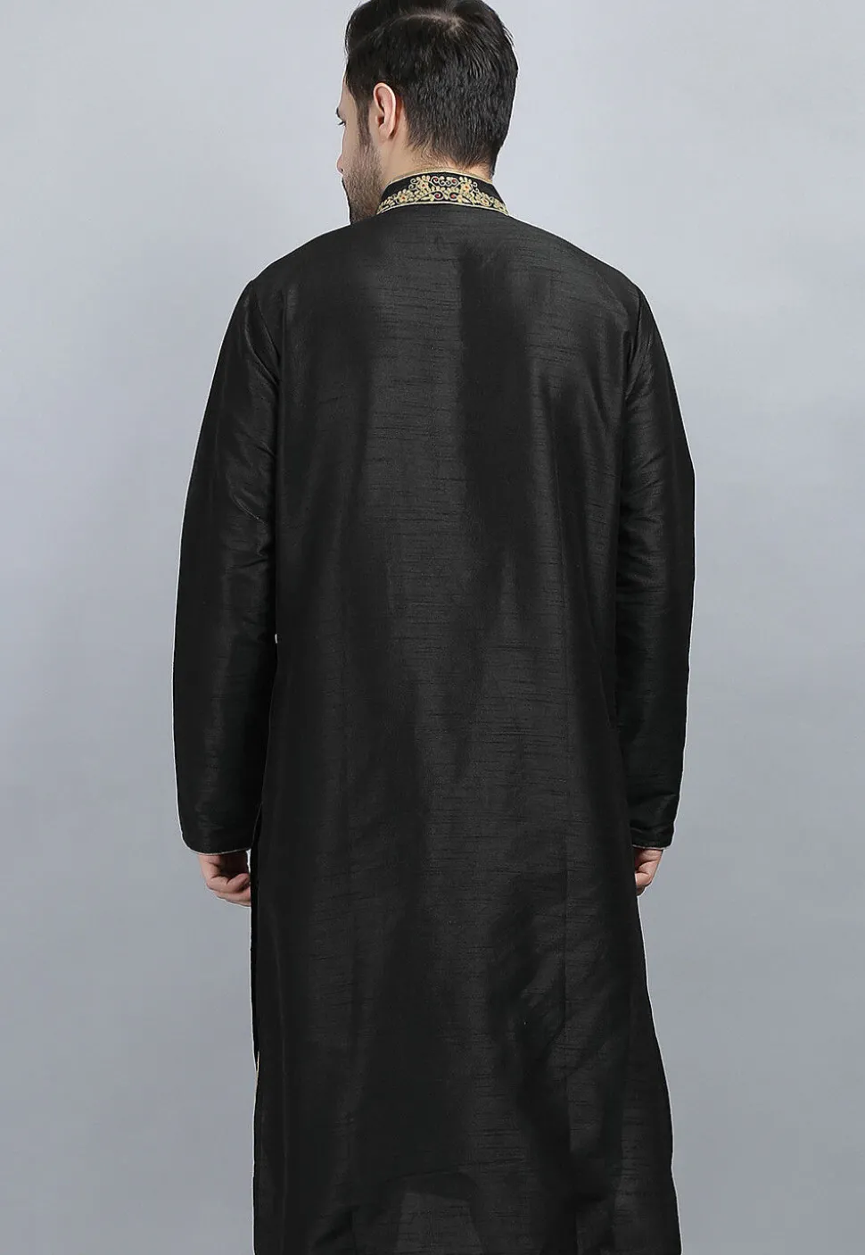 Embroidered Dupion Silk Kurta in Black
