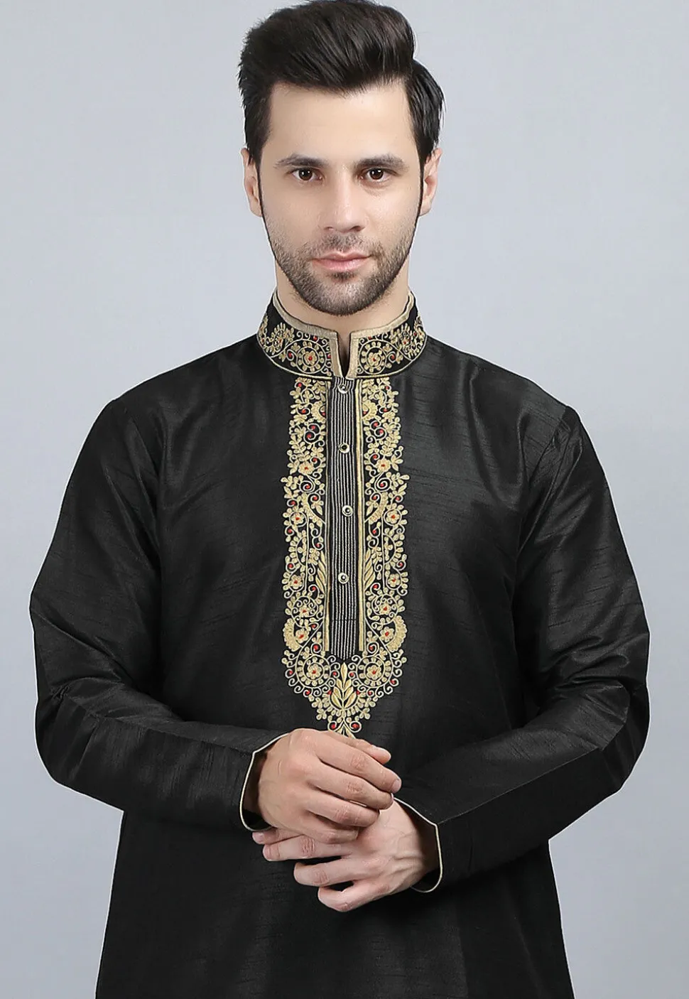 Embroidered Dupion Silk Kurta in Black