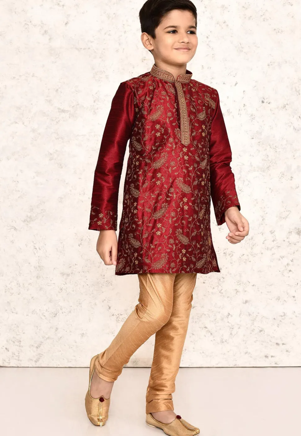 Embroidered Dupion Silk Kurta Set in Maroon