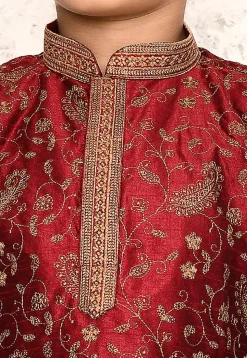 Embroidered Dupion Silk Kurta Set in Maroon