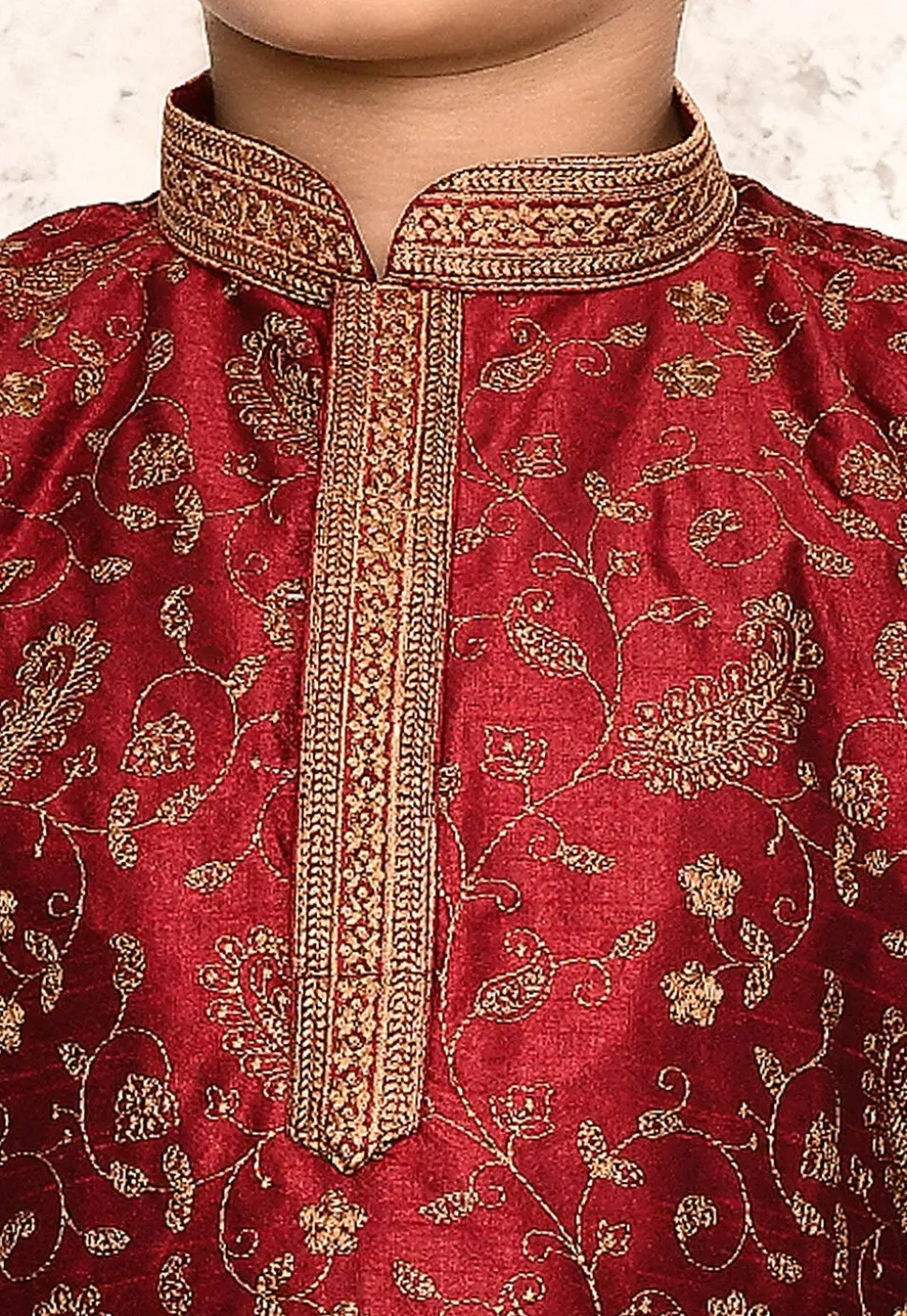 Embroidered Dupion Silk Kurta Set in Maroon