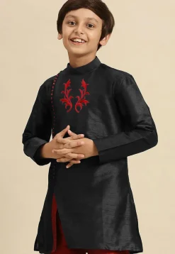 Embroidered Dupion Silk Kurta in Black