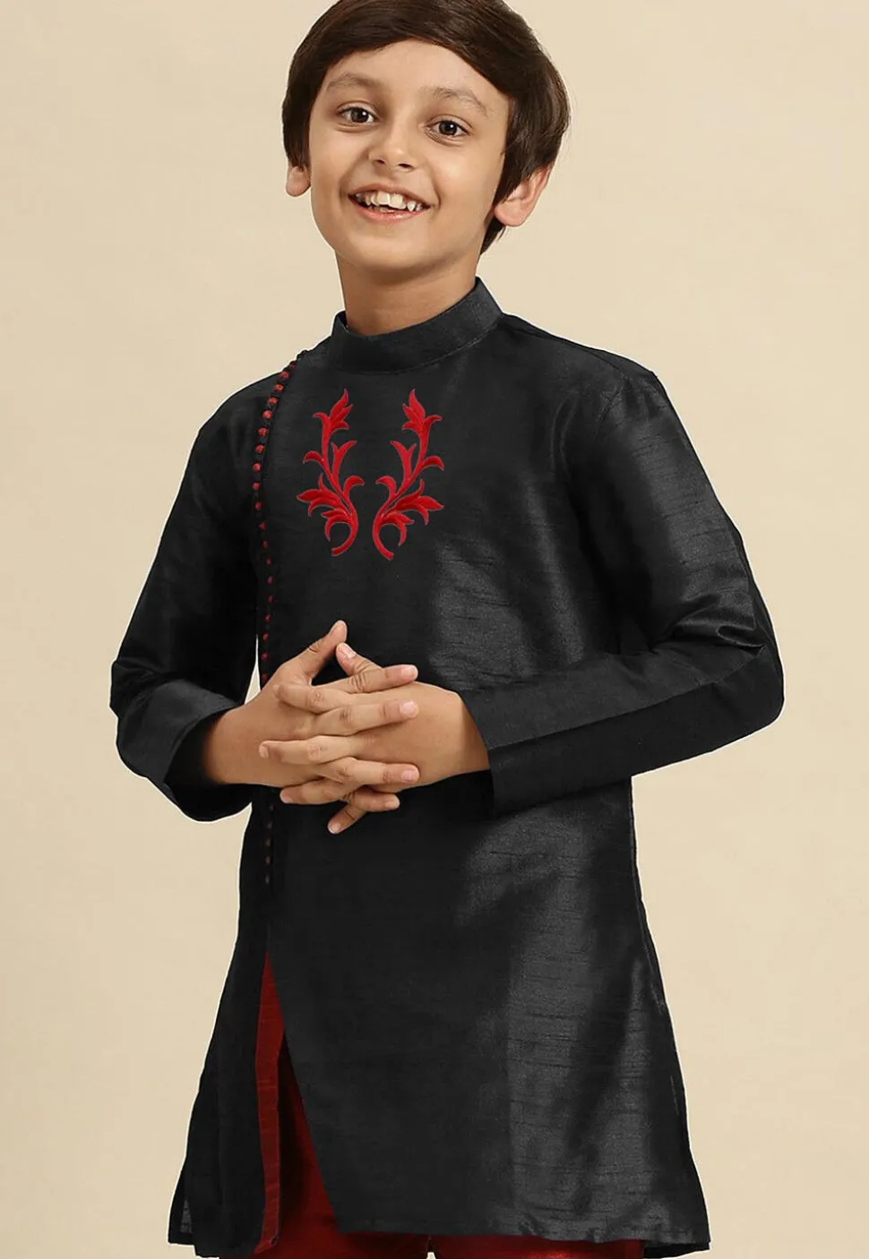 Embroidered Dupion Silk Kurta in Black