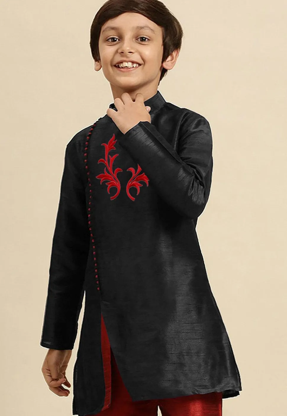 Embroidered Dupion Silk Kurta in Black