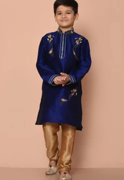 Embroidered Dupion Silk Kurta Set in Navy Blue