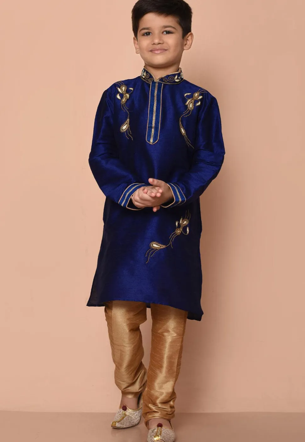 Embroidered Dupion Silk Kurta Set in Navy Blue