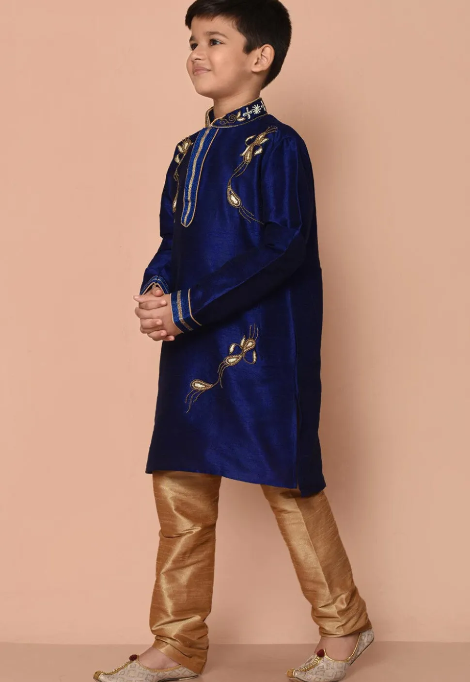Embroidered Dupion Silk Kurta Set in Navy Blue