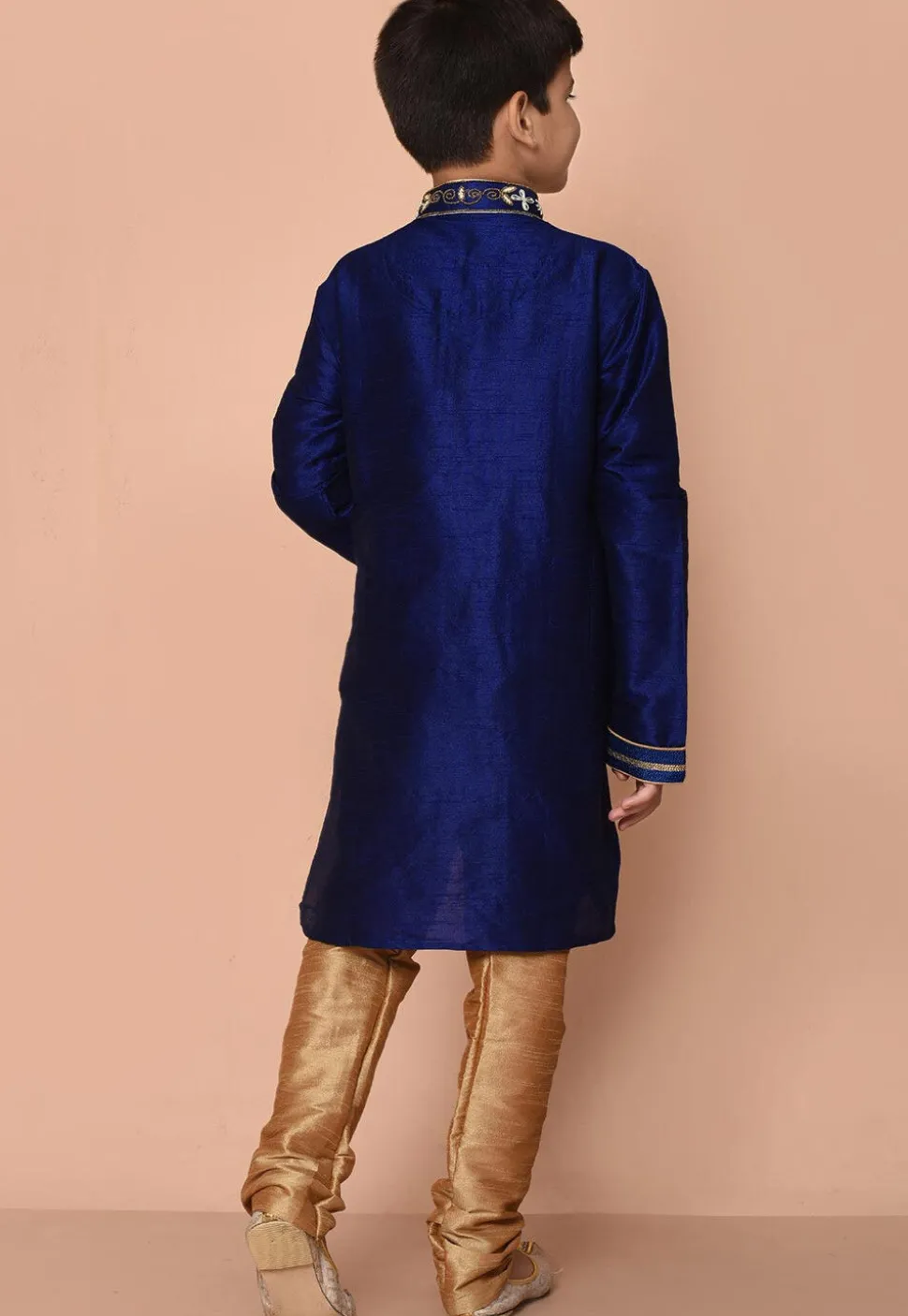 Embroidered Dupion Silk Kurta Set in Navy Blue