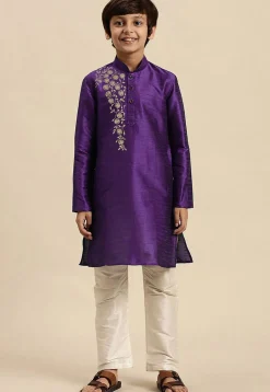 Embroidered Dupion Silk Kurta in Dark Purple