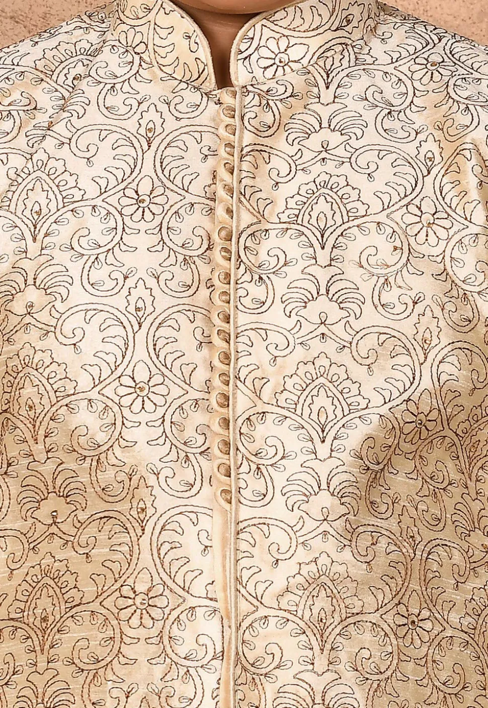 Embroidered Dupion Silk Kurta in Light Beige