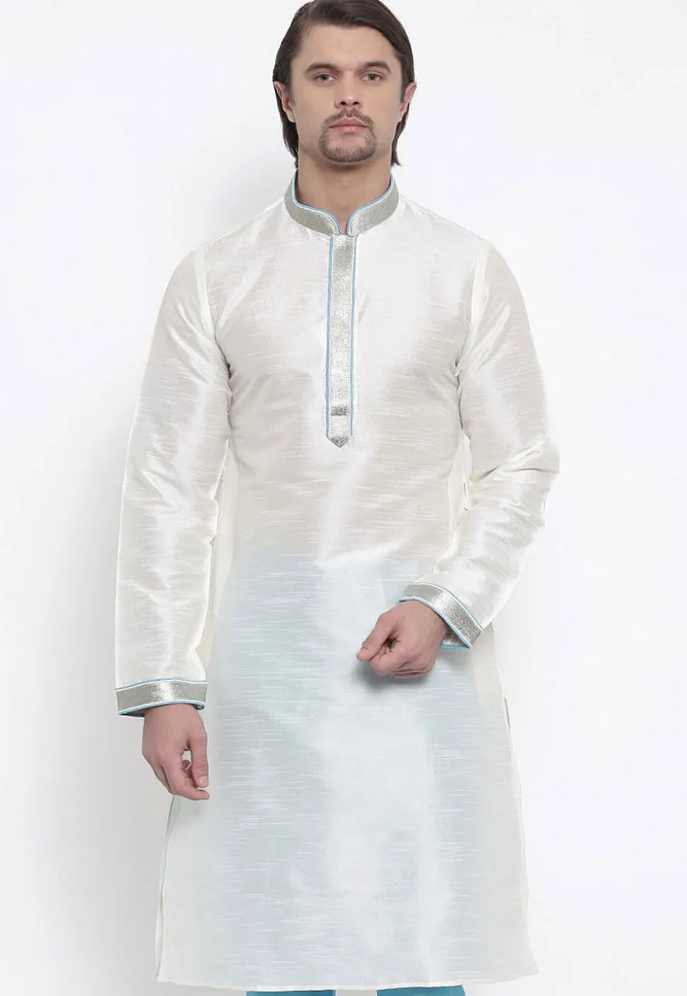 Embroidered Dupion Silk Kurta in White