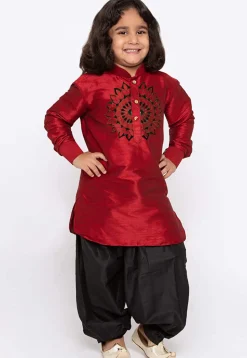 Embroidered Dupion Silk Kurta Set in Maroon