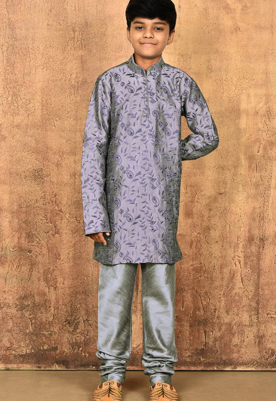 Embroidered Dupion Silk Kurta Set in Grey