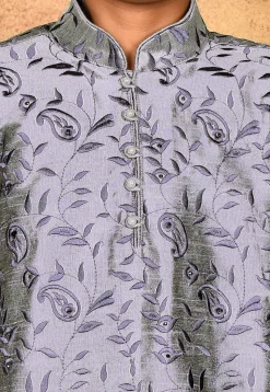Embroidered Dupion Silk Kurta Set in Grey