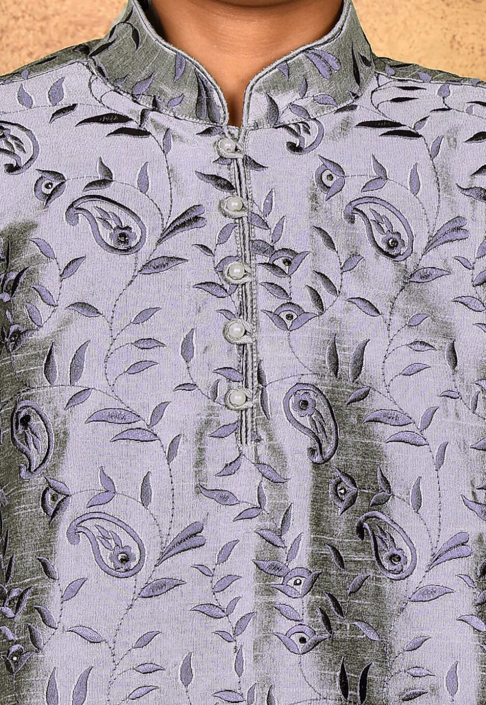 Embroidered Dupion Silk Kurta Set in Grey