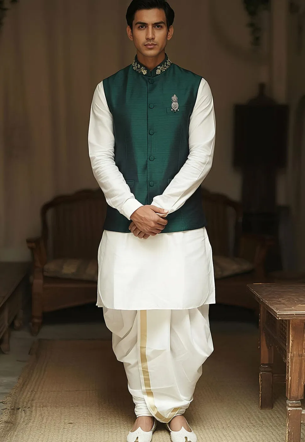 Embroidered Dupion Silk Kurta Set in White and Dark Green