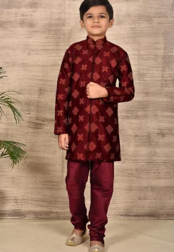 Embroidered Dupion Silk Kurta Set in Maroon