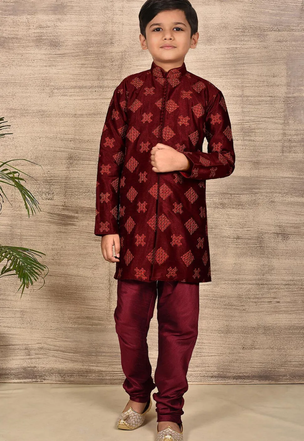 Embroidered Dupion Silk Kurta Set in Maroon