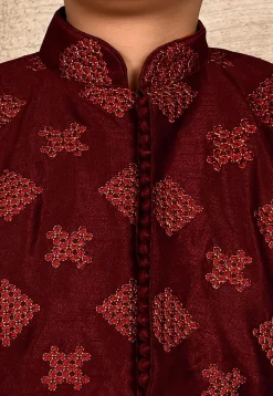 Embroidered Dupion Silk Kurta Set in Maroon