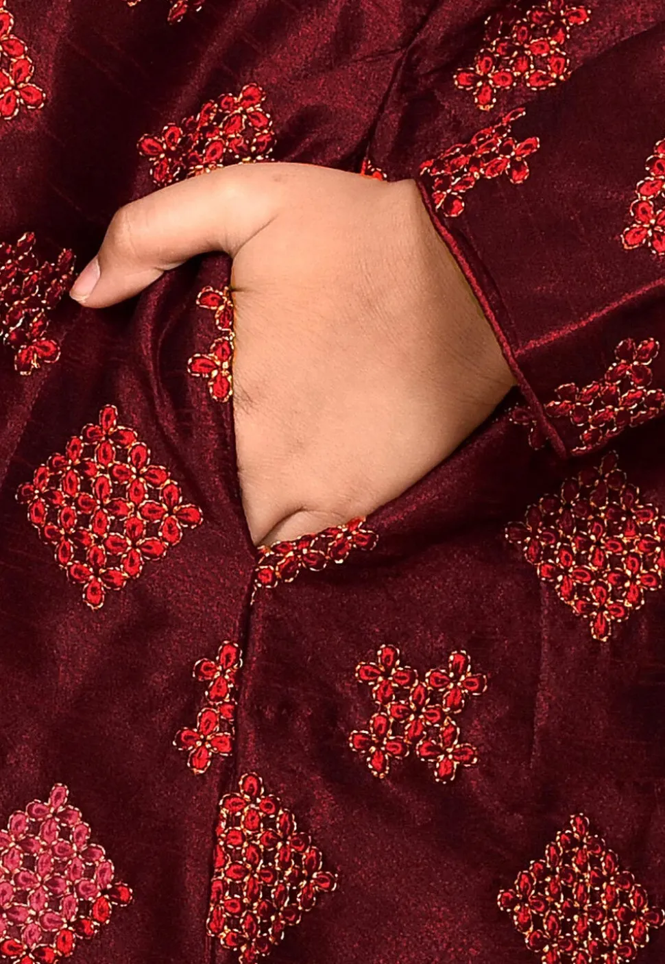 Embroidered Dupion Silk Kurta Set in Maroon