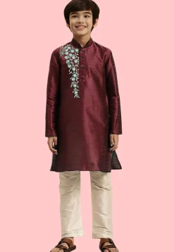 Embroidered Dupion Silk Kurta Set in Maroon