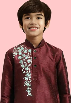 Embroidered Dupion Silk Kurta Set in Maroon