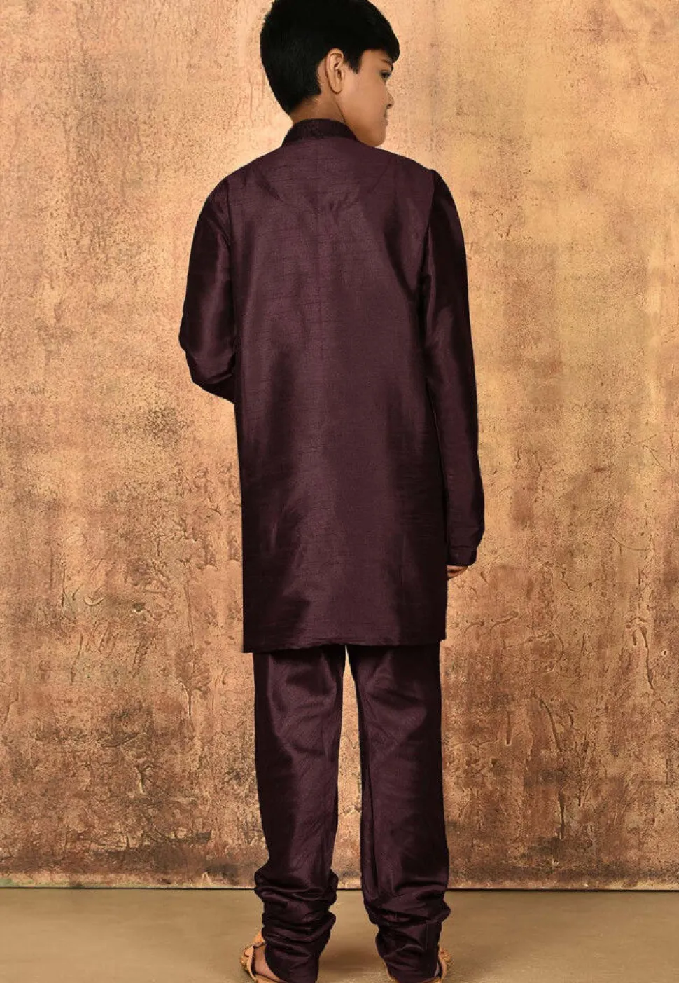 Embroidered Dupion Silk Kurta Set in Wine