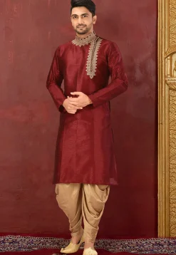 Embroidered Dupion Silk Kurta Set in Maroon