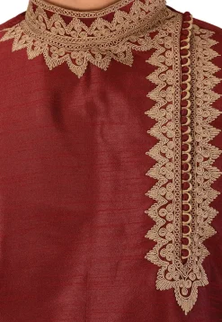Embroidered Dupion Silk Kurta Set in Maroon