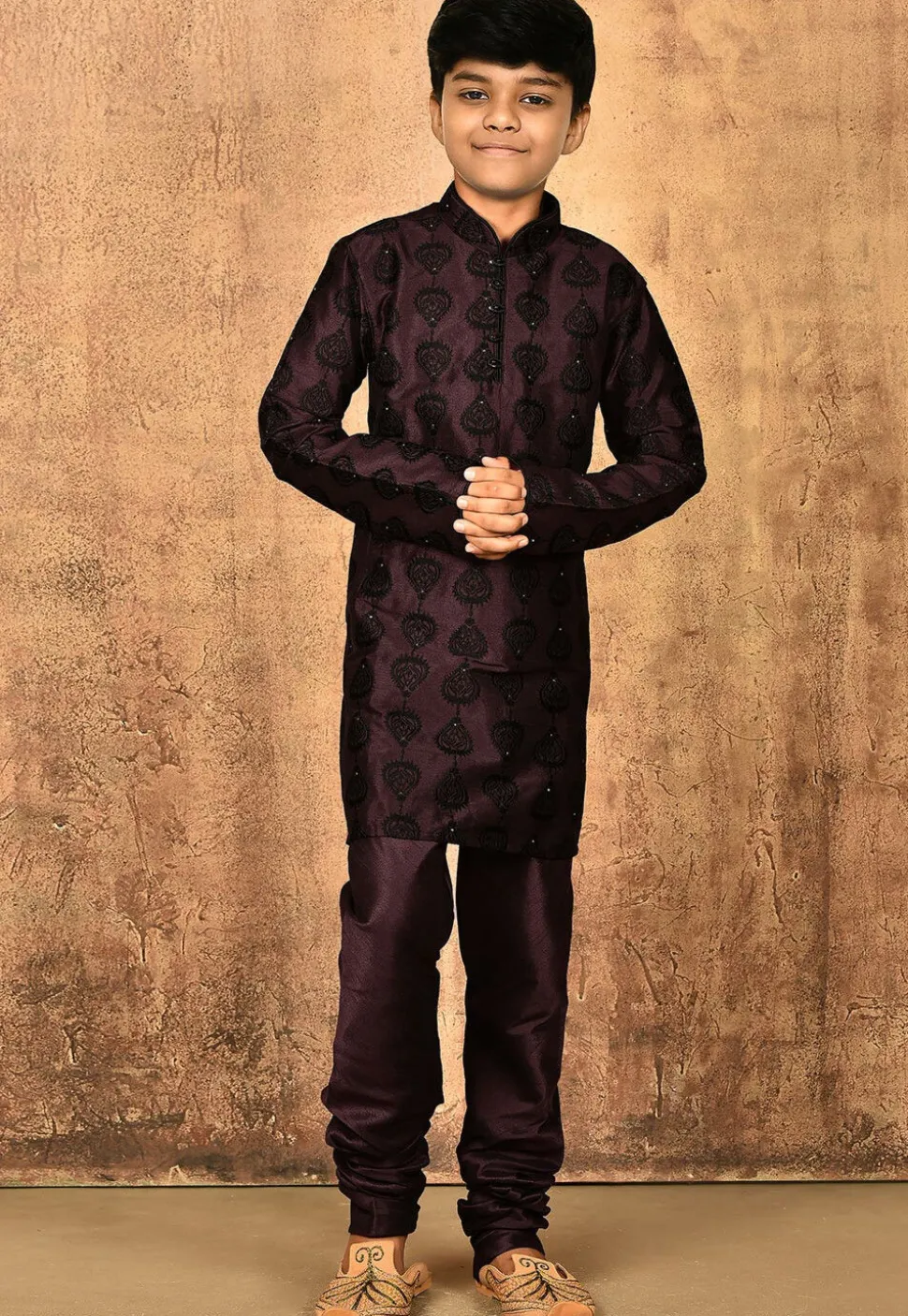Embroidered Dupion Silk Kurta in Wine