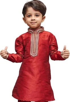 Embroidered Dupion Silk Kurta in Maroon